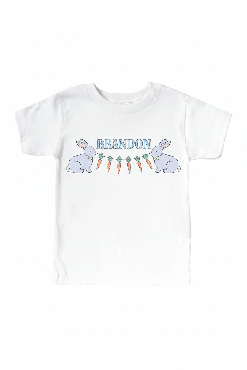 hoppy spring blue personalized carrot garland graphic tee for kids 