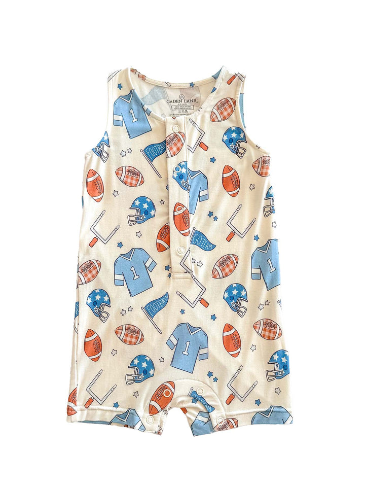 Caden Lane 'Huddles and Cuddles' blue football-print sleeveless romper