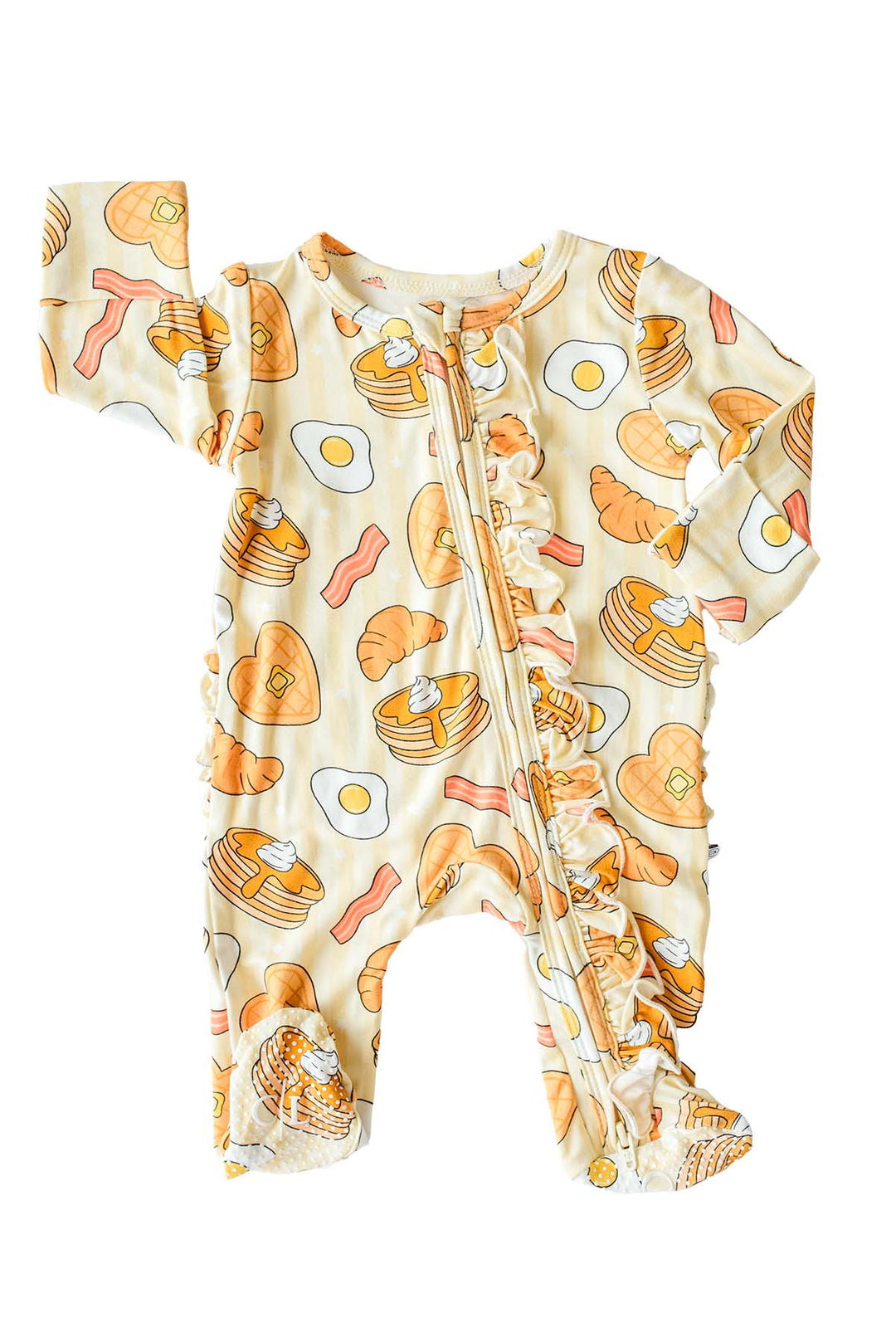Caden Lane I Love You A Brunch ruffle zip footie, flat lay – pancakes, eggs, bacon and croissant print with ruffle trim