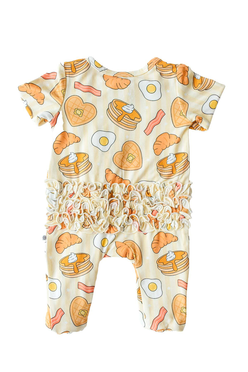 Back view of Caden Lane I Love You A Brunch ruffle footie, flat lay, showing breakfast print and ruffle back detail