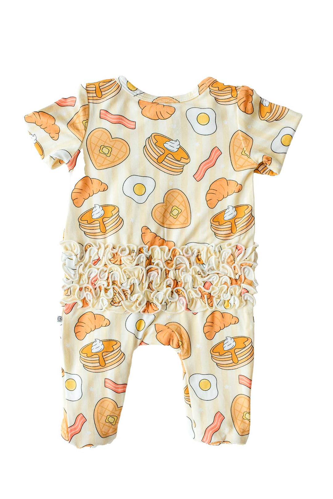 Back view of Caden Lane I Love You A Brunch ruffle footie, flat lay, showing breakfast print and ruffle back detail