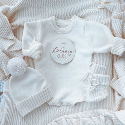 neutral personalized sweater romper for baby
