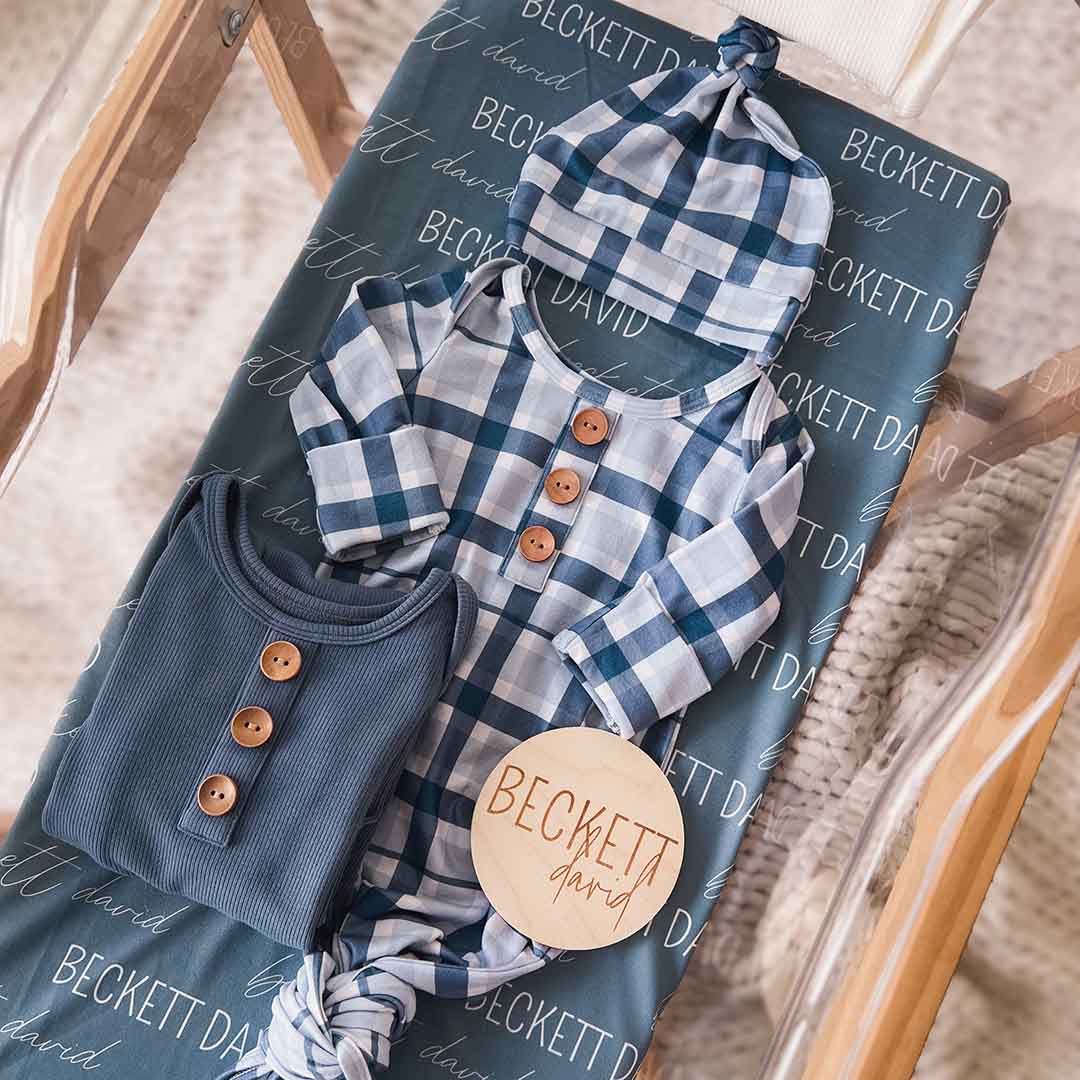 Paxton's Plaid Newborn Baby Knot Gown & Hat Set