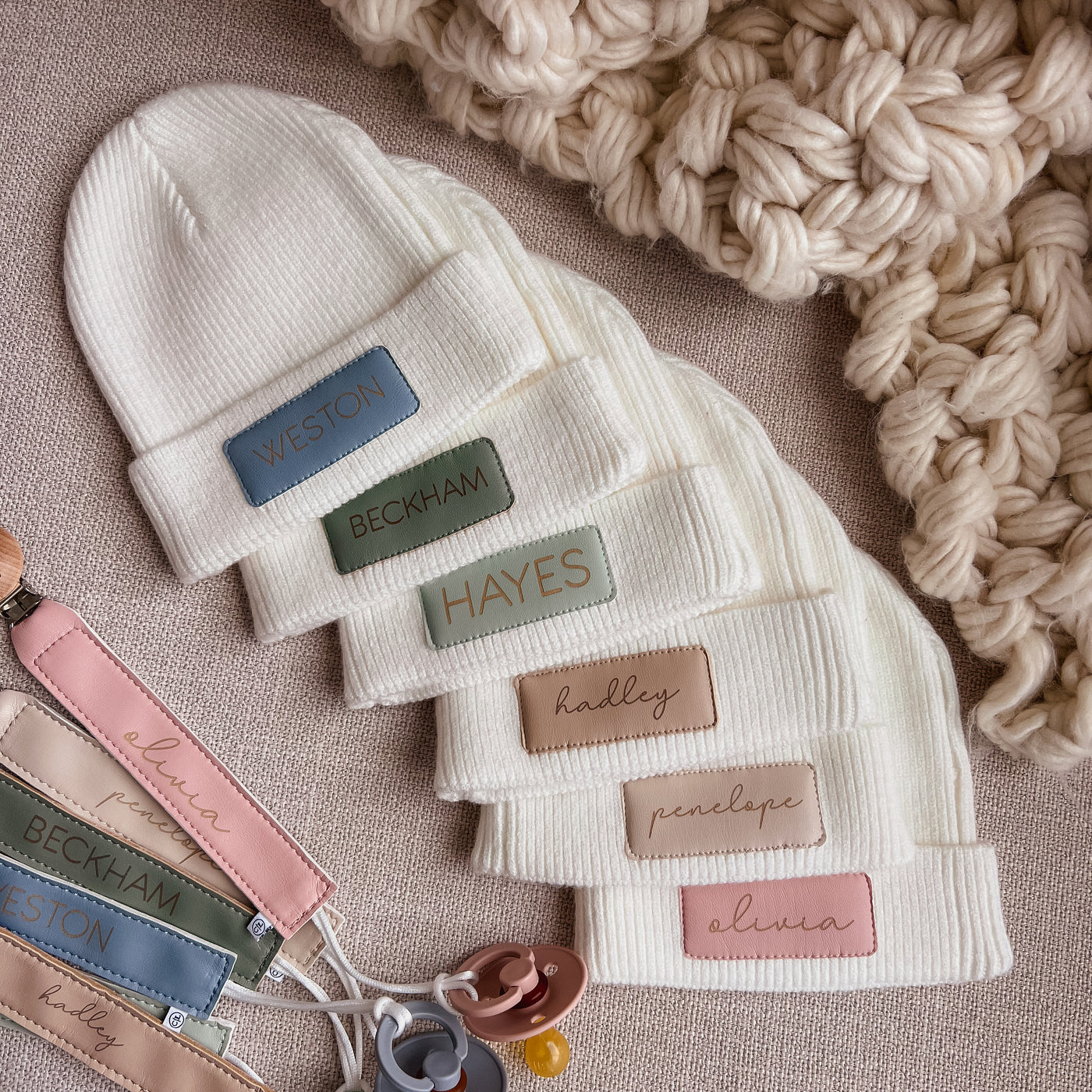 personalized white leather patch beanie for babies