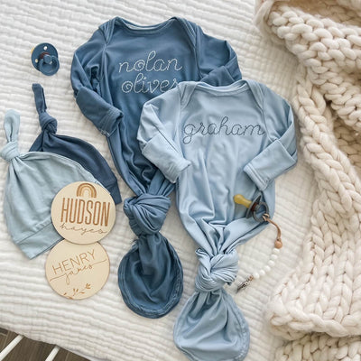 personalized stitched newborn knot gown blue 