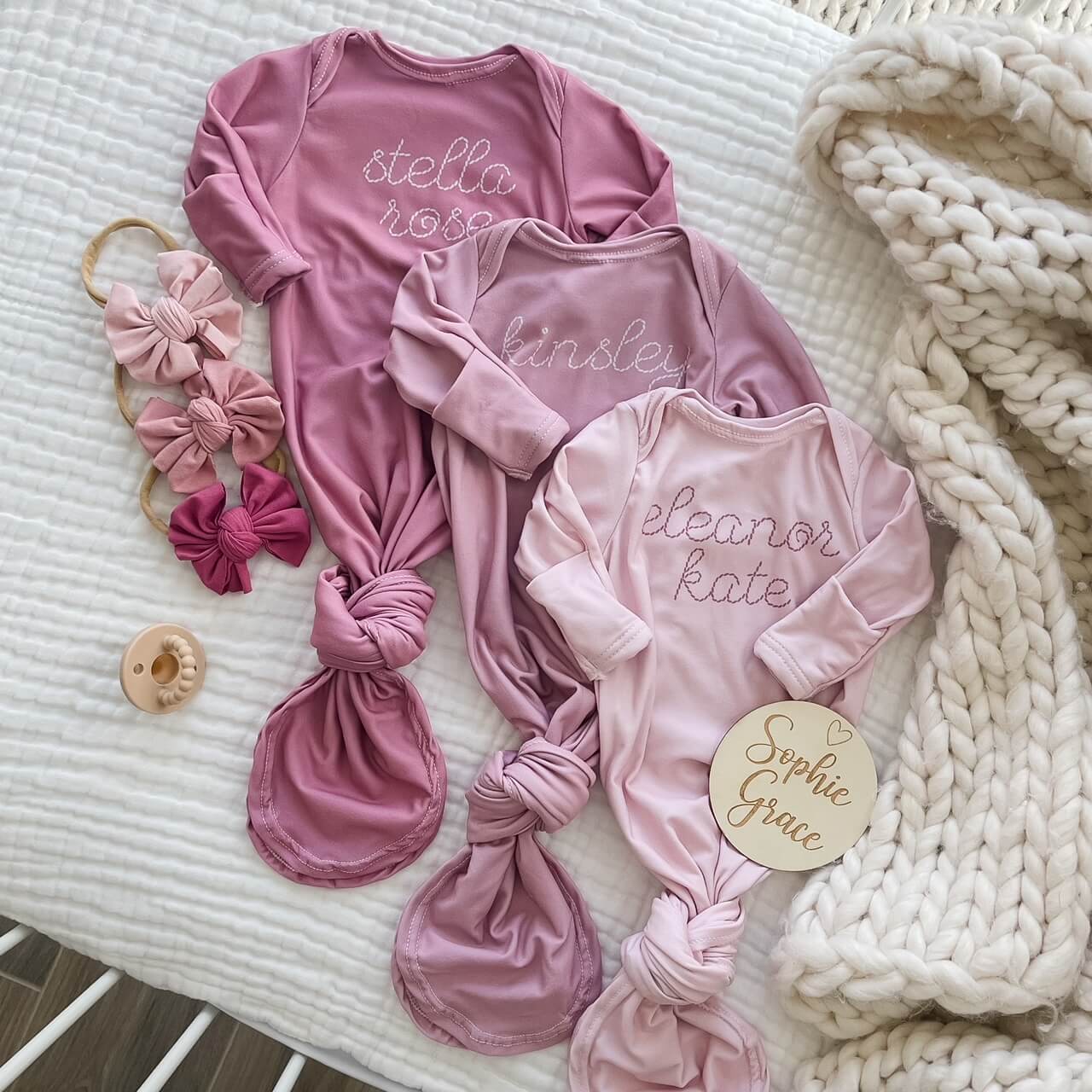 personalized stitched newborn knot gown pinks 