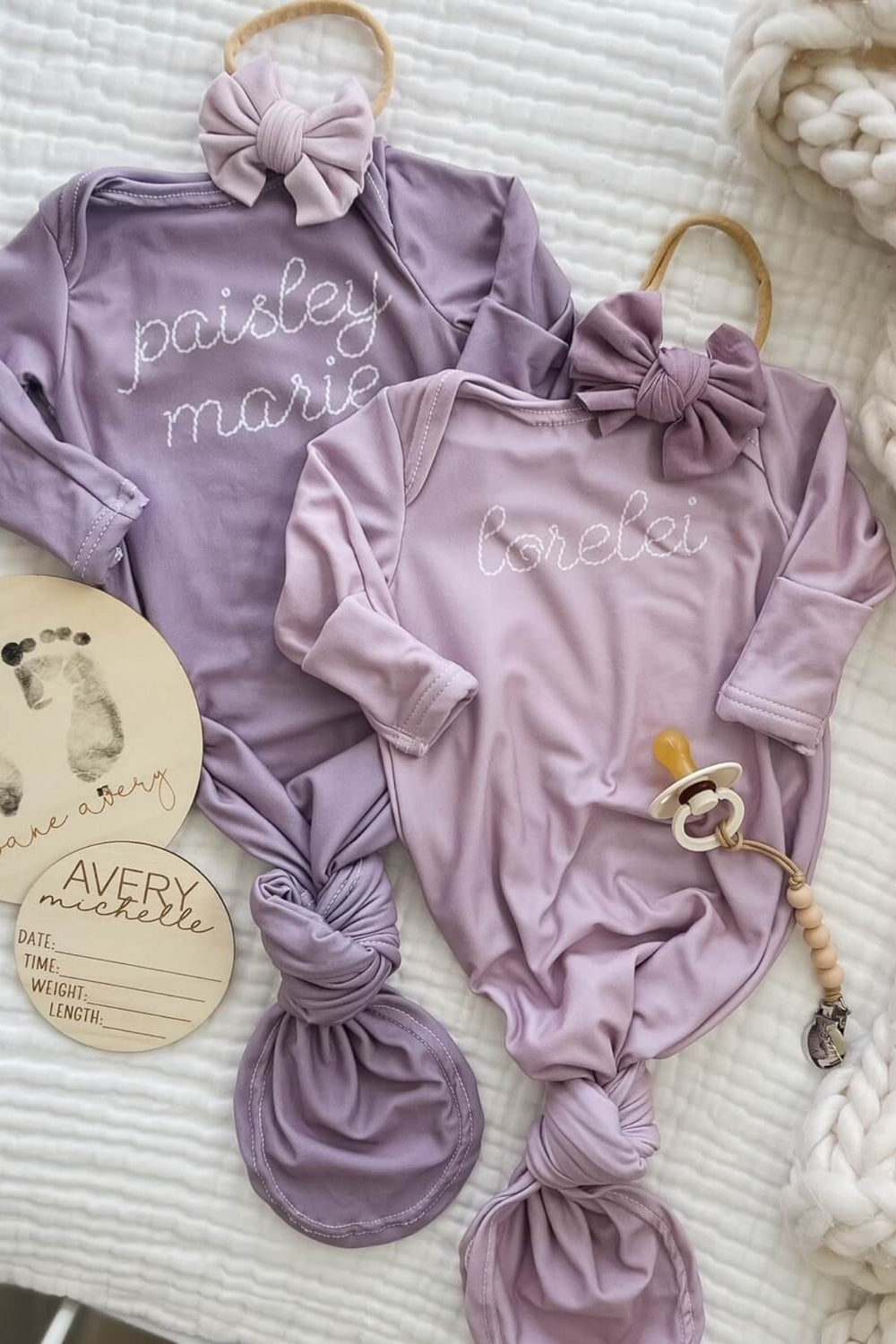 personalized stitched newborn knot gown and hat set purple 