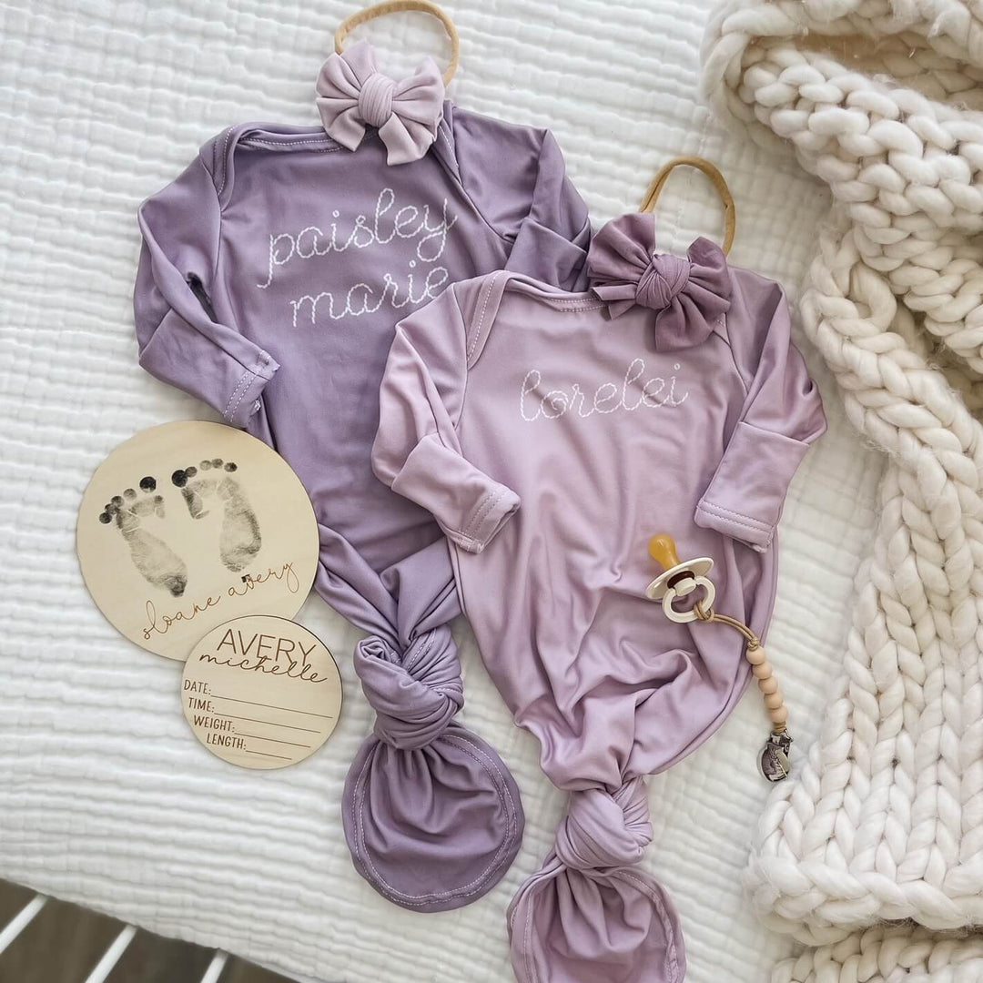 personalized stitched newborn knot gown and hat set purple 