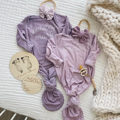 personalized stitched newborn knot gown and hat set purple 