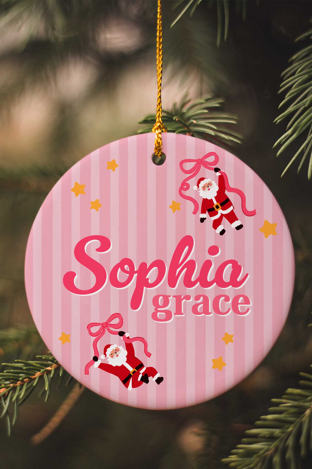 Caden Lane personalized Christmas ornament featuring a custom name on a print stripe santa print