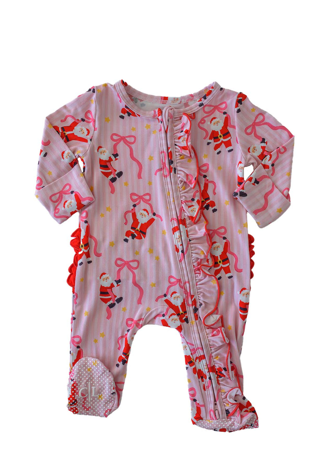 Caden Lane Jolly Ribbons Christmas Zipper Ruffle Footie featuring festive Santa and ribbon bow print, ruffle details, two-way zipper, and buttery-soft bamboo fabric.