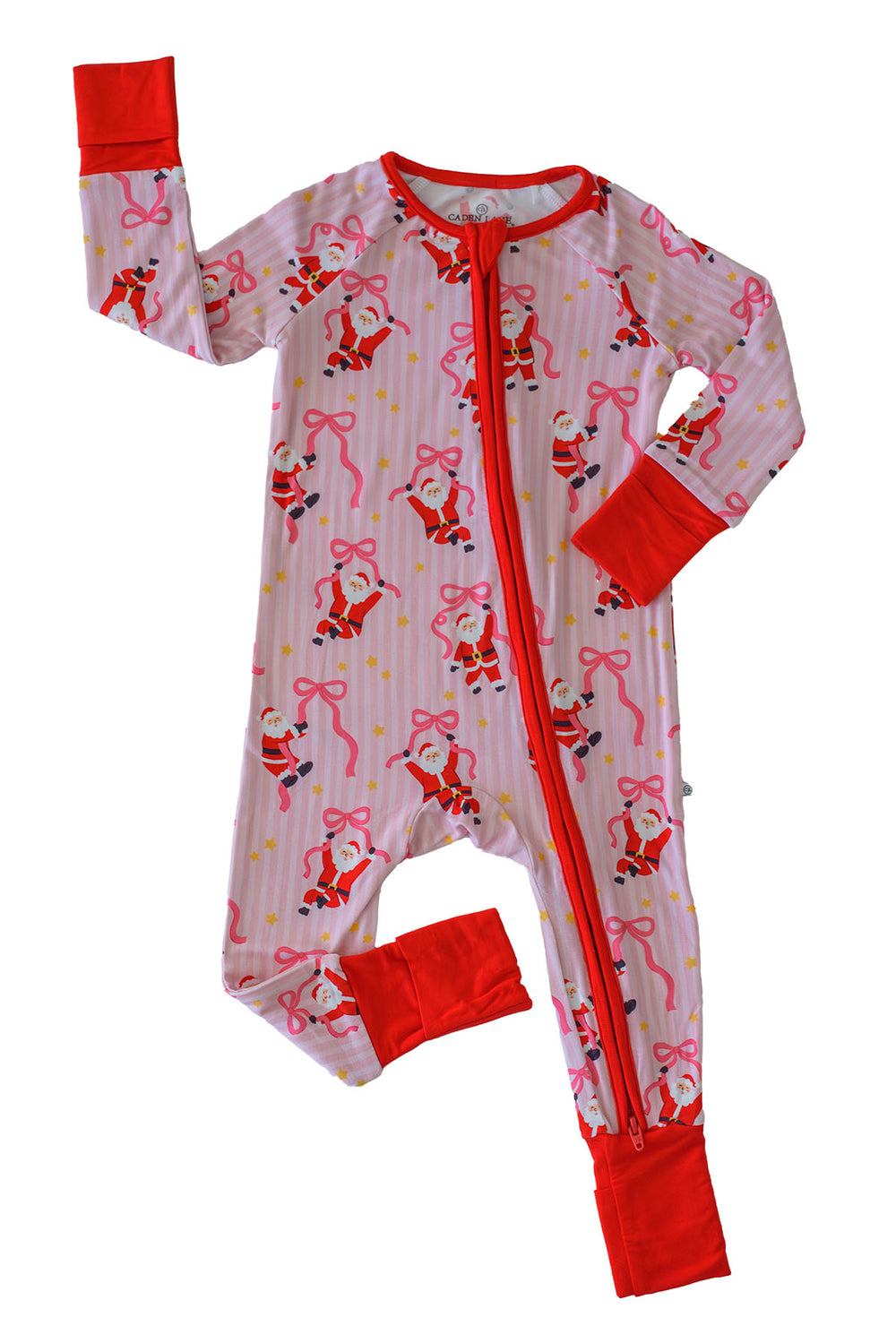 Caden Lane Jolly Ribbons Christmas Bamboo Convertible Zip Romper featuring festive Santa, ribbon bows, pink stripes, and a two-way zipper.
