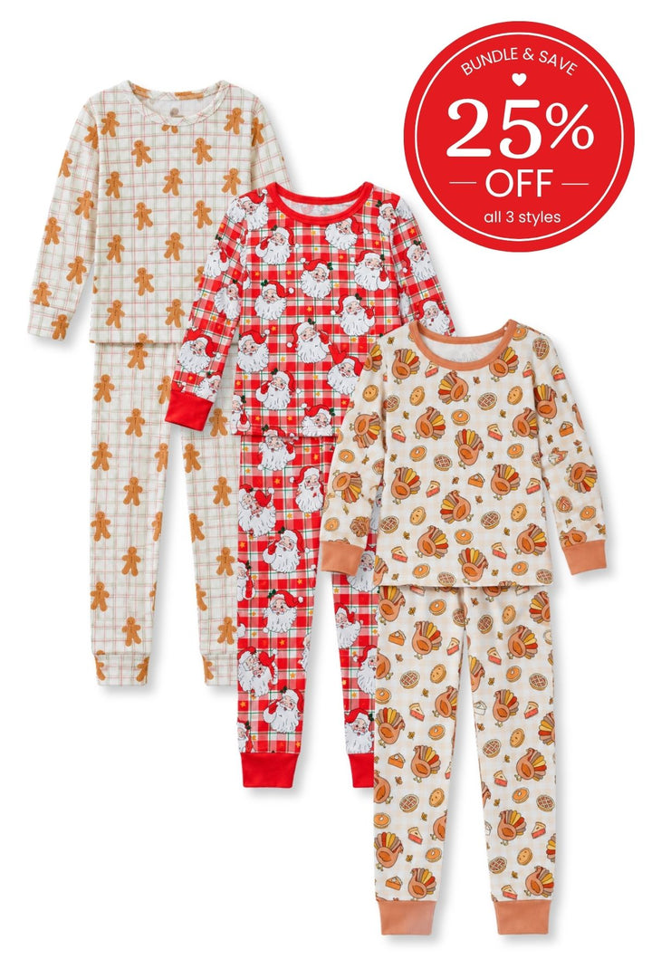 Flat lay of a Caden Lane bundle of three two-piece pajama sets in gingerbread plaid, Santa gingham, and turkey-and-pie prints, with a badge reading “Bundle & save 25% off.”