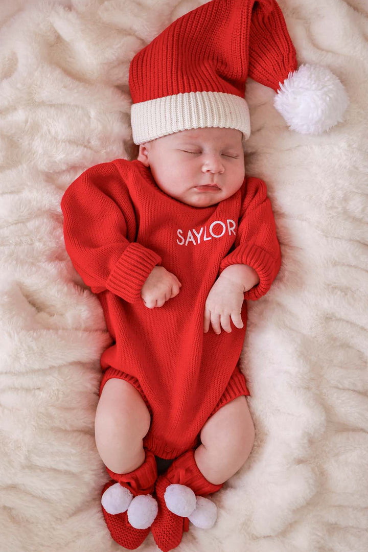 Embroidered Knit Sweater Bubble Romper | Red