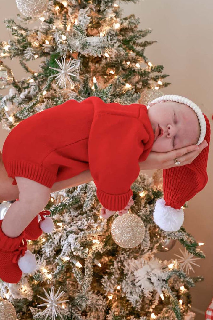 Embroidered Knit Sweater Bubble Romper | Red
