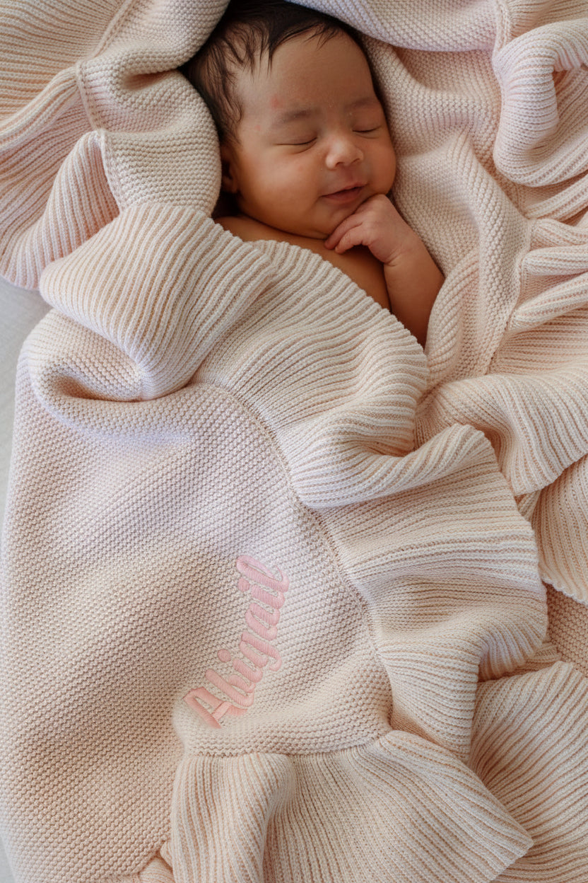 A sleeping newborn baby wrapped in a soft, cream-colored ribbed knit blanket with the name 'Emily' embroidered in light pink on the side.