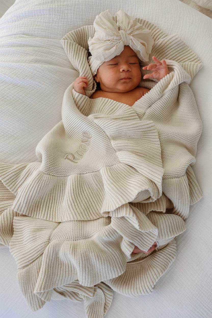 Embroidered Knit Blanket With Ruffle | Ash