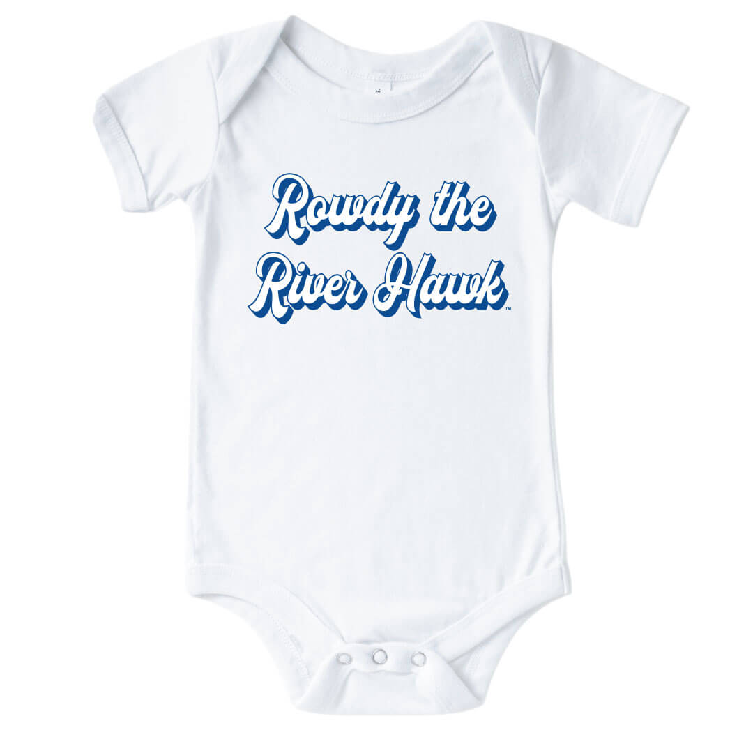 rowdy the river hawk graphic onesie lowell 