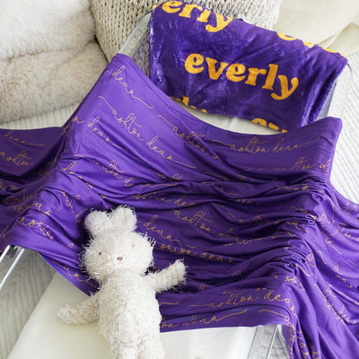Personalized Tiger Purple Baby Name Swaddle Blanket - Script Only