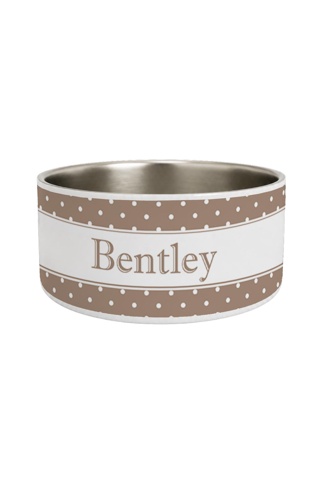 Personalized stainless steel pet bowl with latte brown polka dot band and the name 'Bentley' in a white center panel