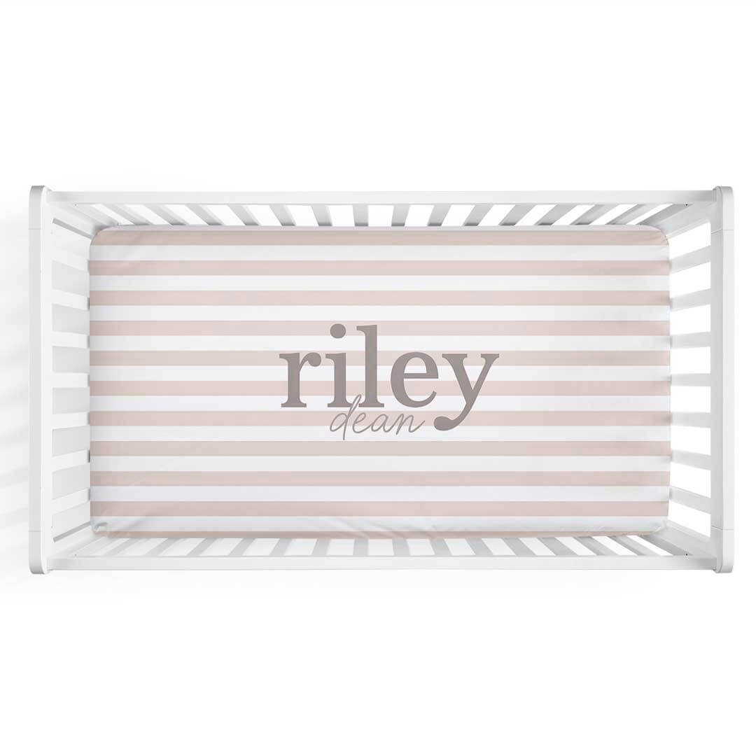 tan and white stripe personalized crib sheet for babies