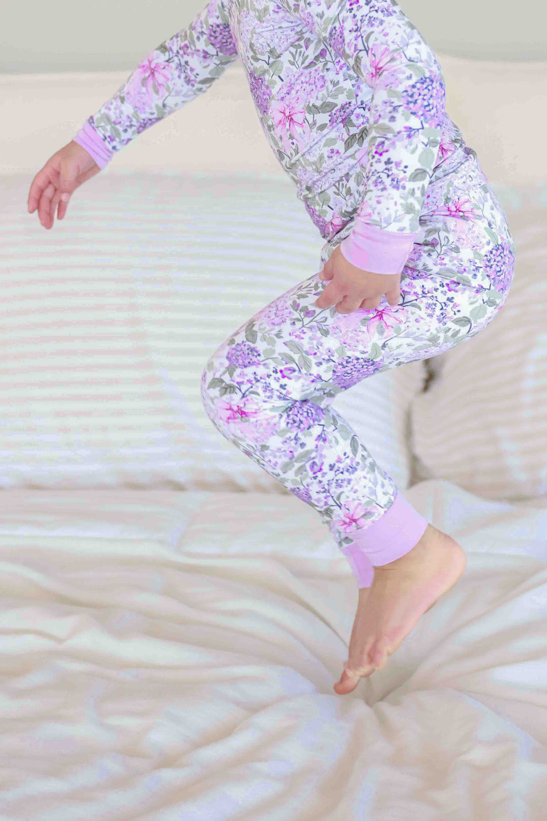 side view of lavender lullaby two piece pajama set