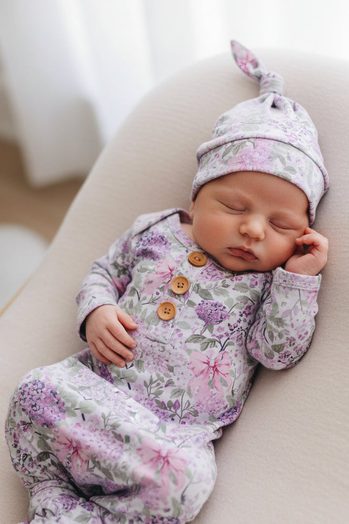 Newborn Baby Knot Gown & Hat Set | Lavender Lullaby