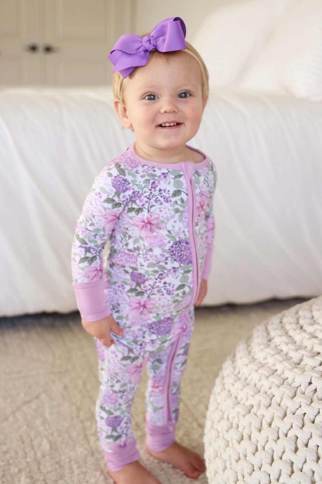 purple hydrangea and pink bow convertible zip romper for girls with purple ribbon bow headband 