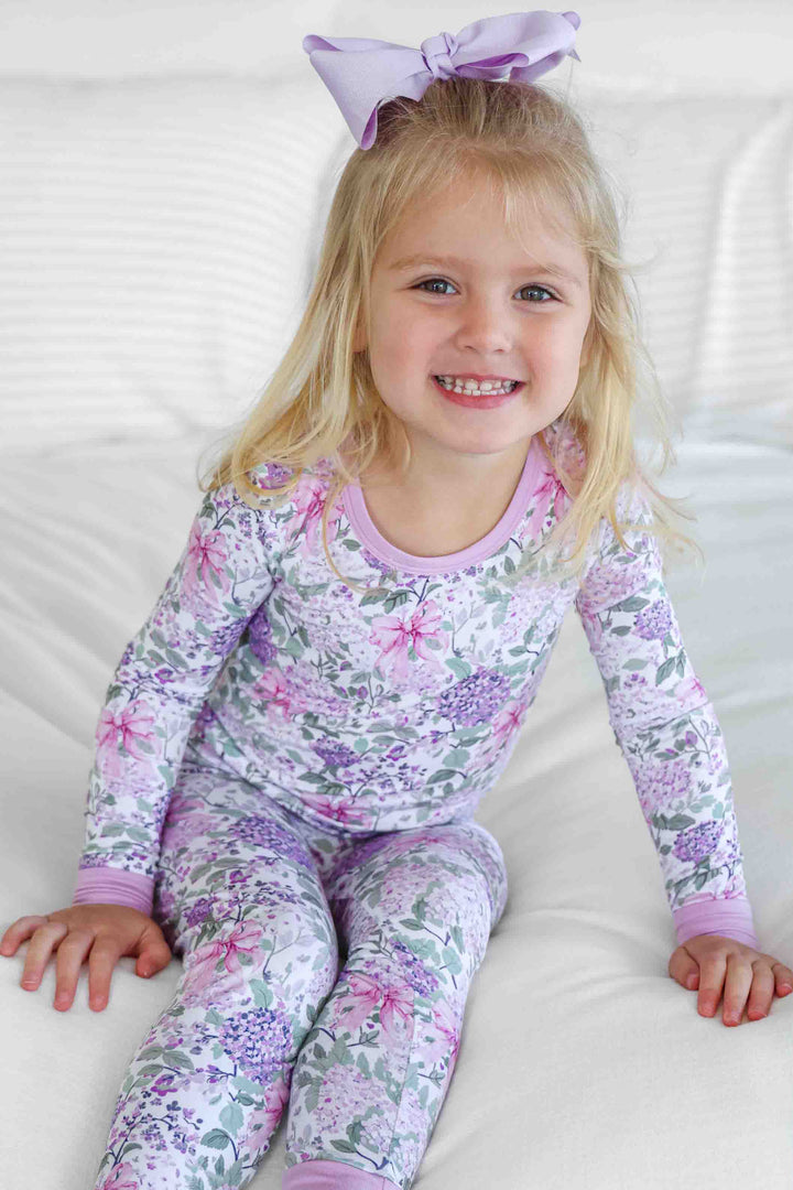 closeup of lavender lullaby two piece pajama set 