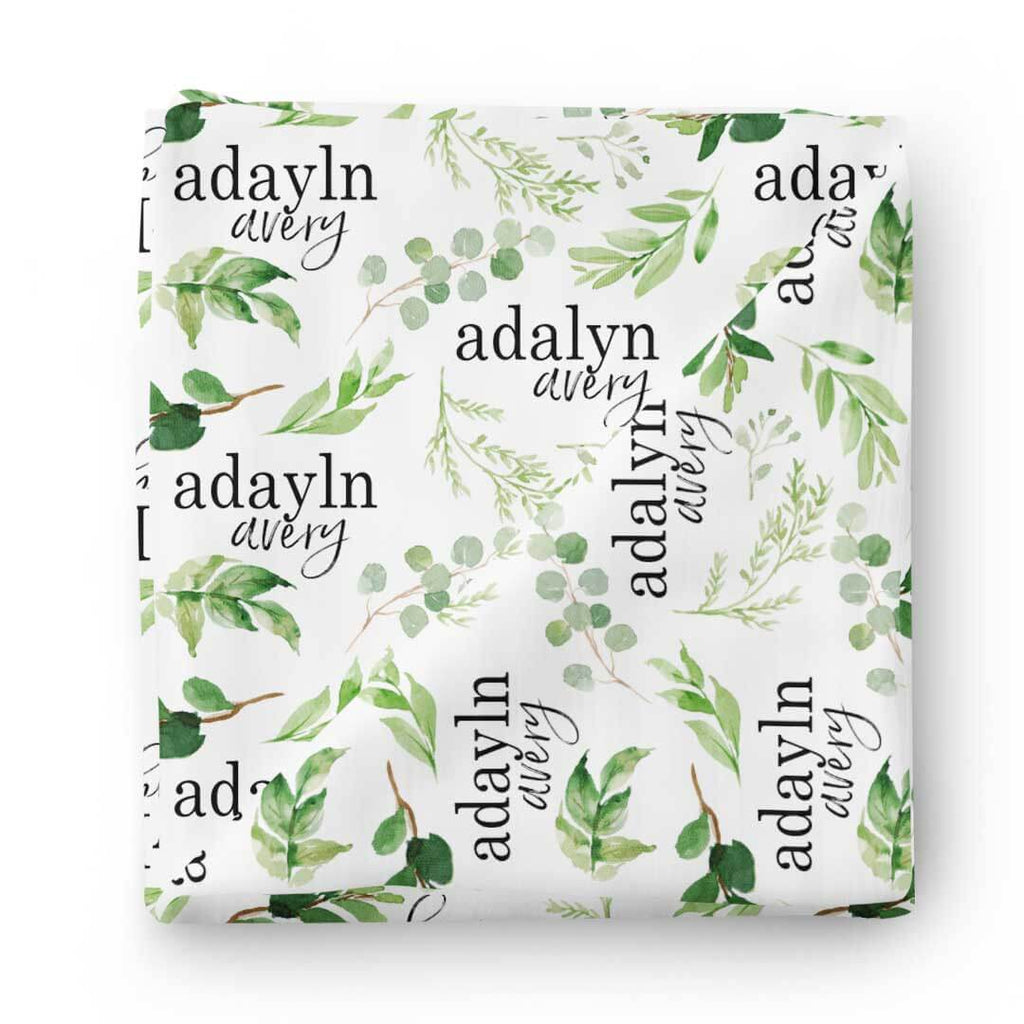 Leafy Greenery Personalized Name Swaddle Blanket