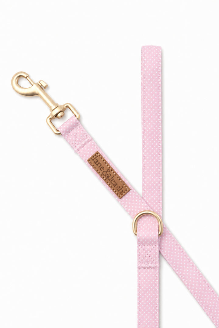 Close-up detail of the pink polka dot dog leash showing gold swivel clasp, D-ring hardware, and leather brand label