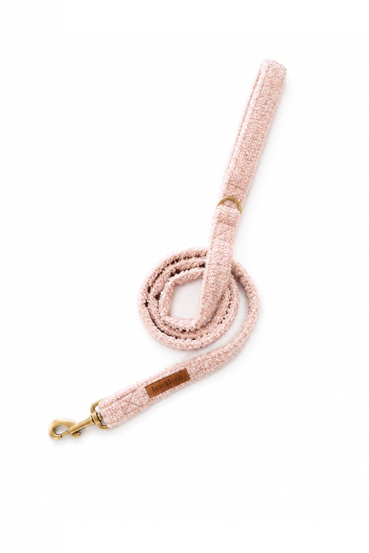 A Lane & Leash light pink textured fabric dog leash with gold-tone metal hardware, including a snap hook and a small leather patch, shown on a plain white background.