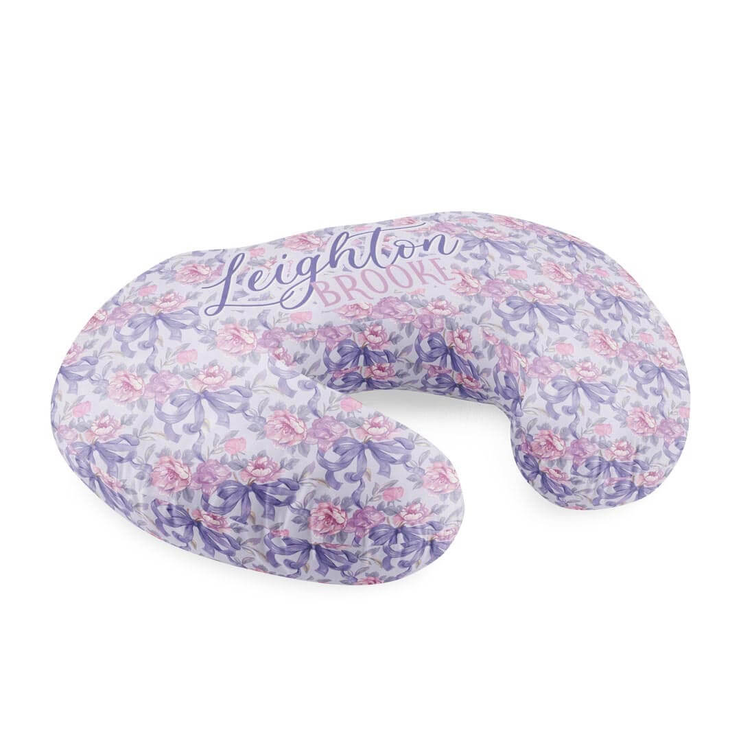 pink floral and purple bow personalized nursing pillow cover