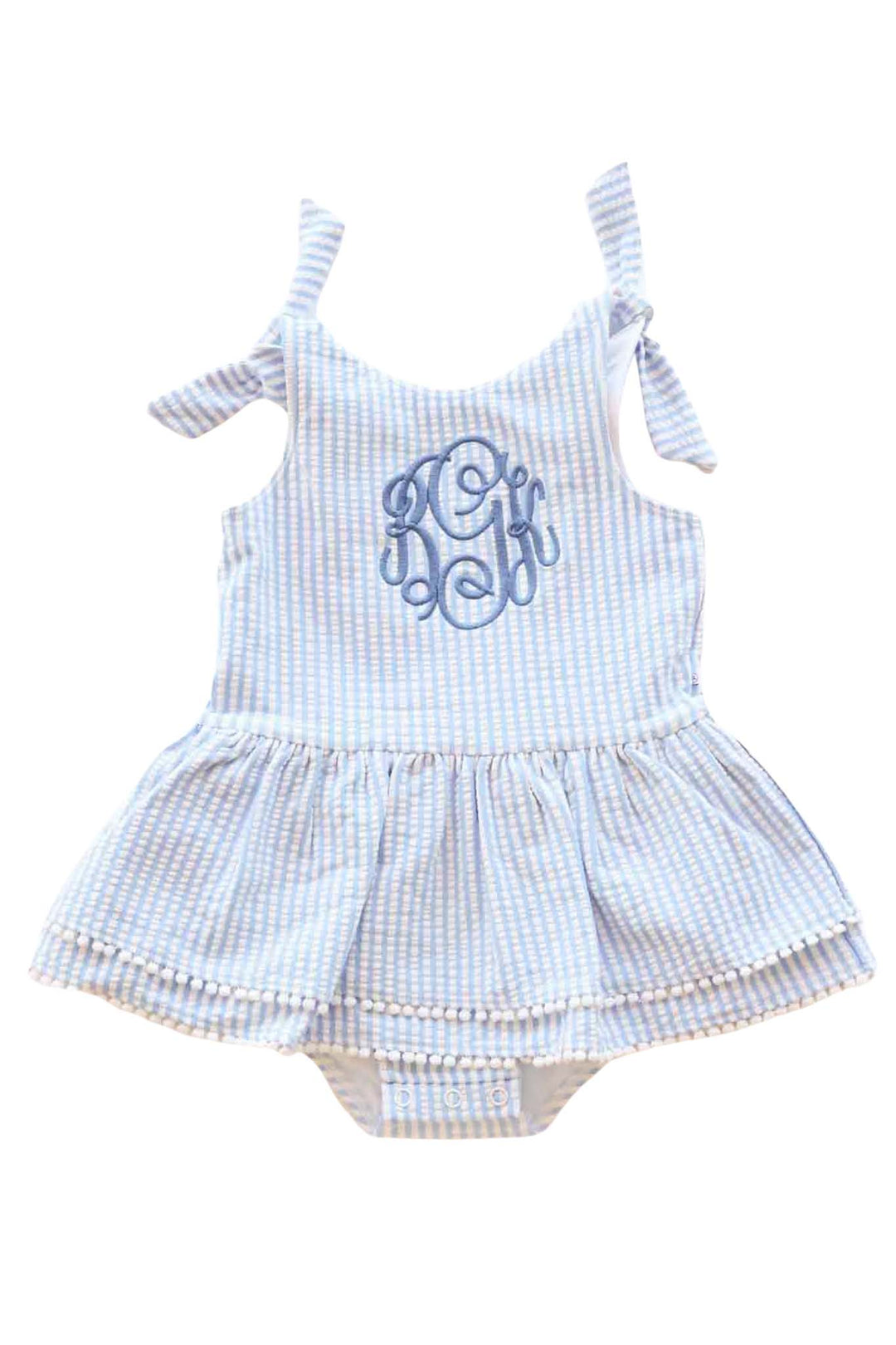blue seersucker tiered skirt one piece swimsuit with blue embroidered monogram