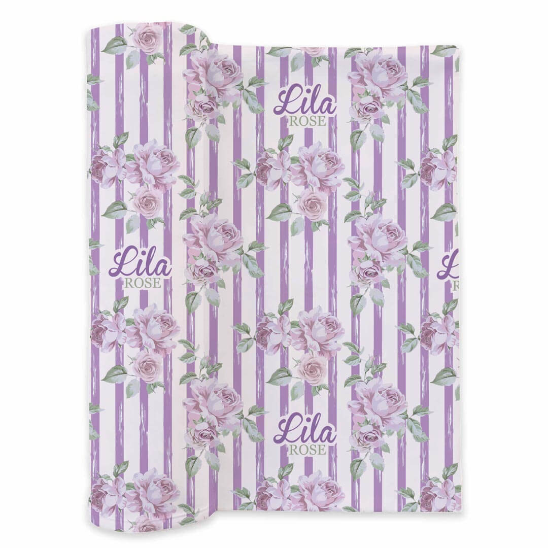 vintage purple stripe and rose personalized swaddle blanket for girls 