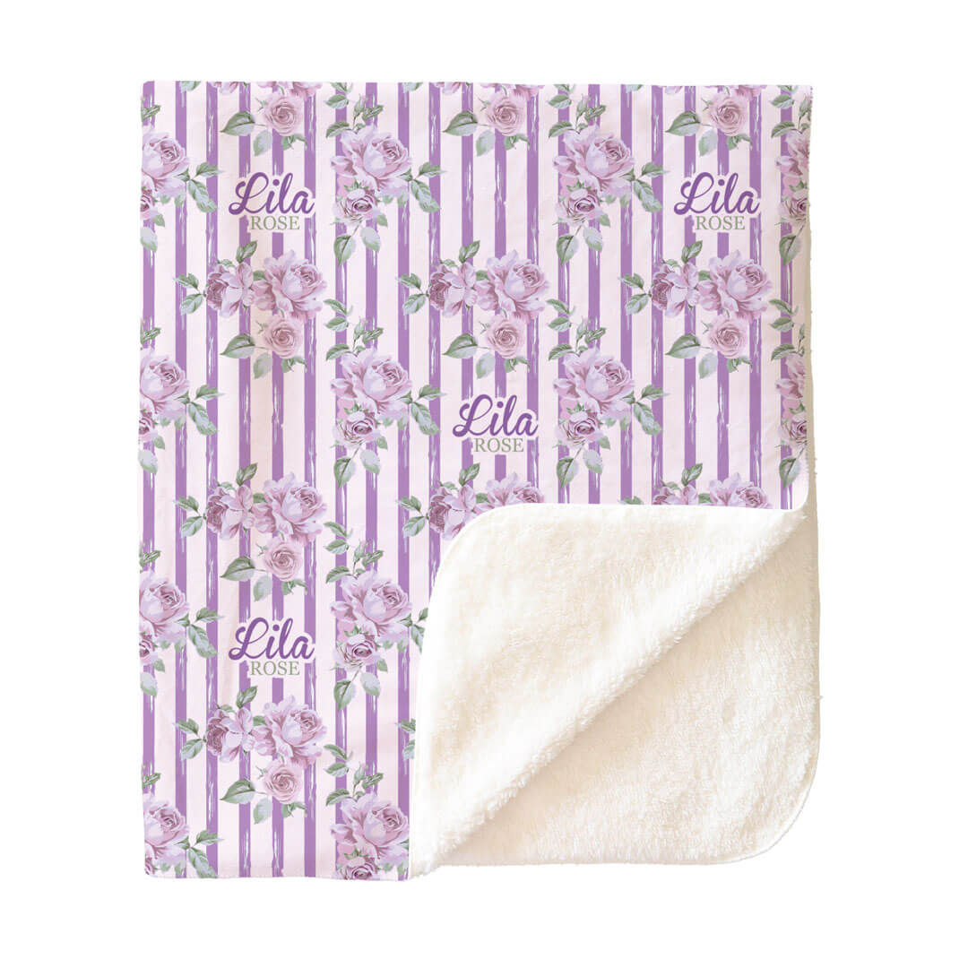 purple stripe and rose personalized sherpa blanket for kids 