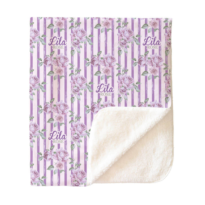purple stripe and rose personalized sherpa blanket for kids 
