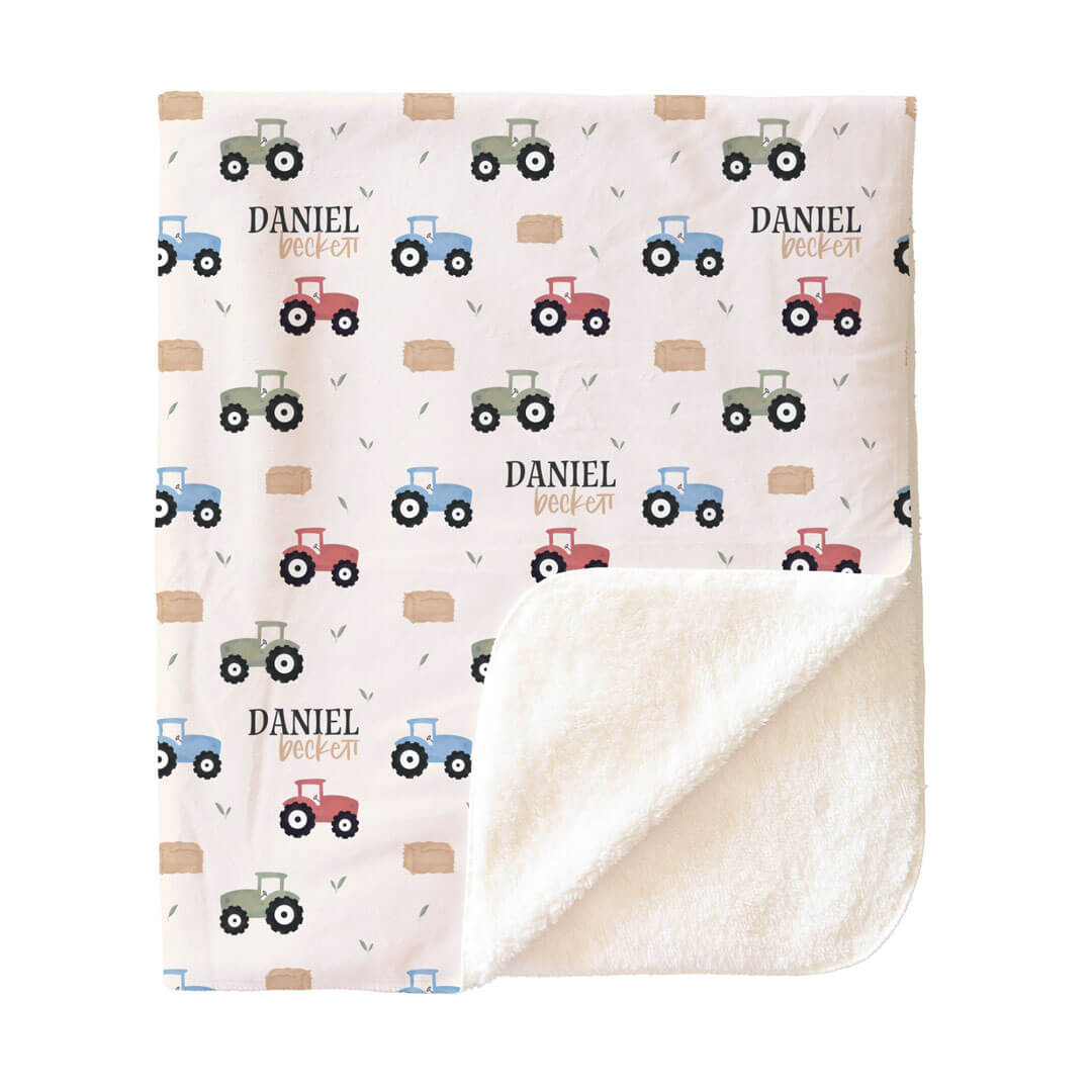 pastel tractor and hay personalized sherpa blanket for boys 