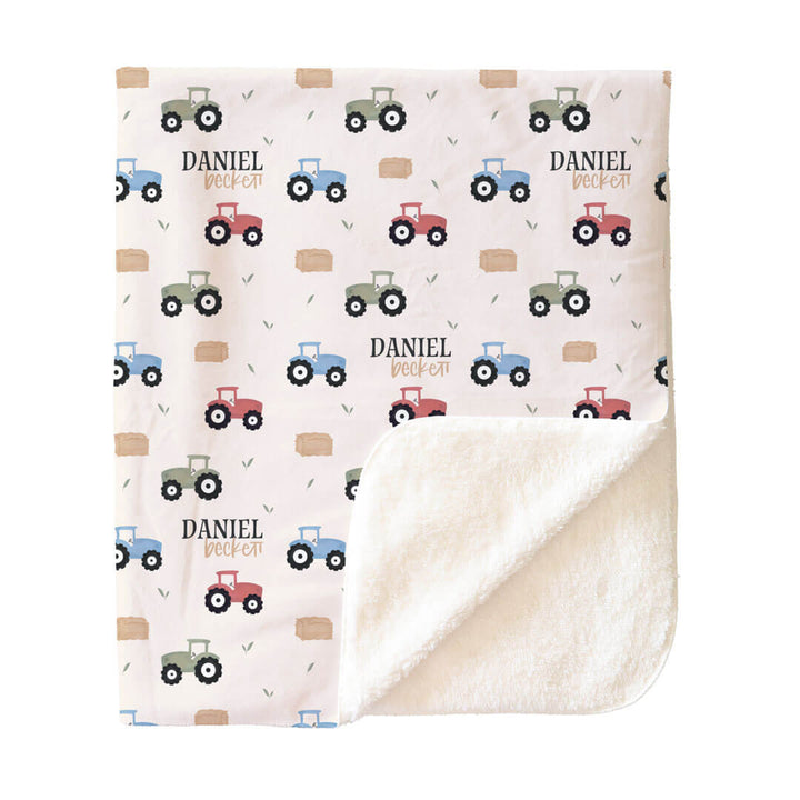 pastel tractor and hay personalized sherpa blanket for boys 