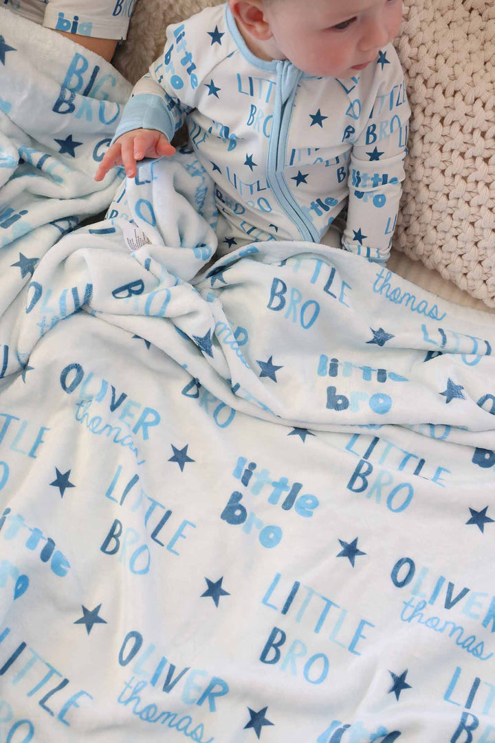 Baby wearing Little Bro romper matching Personalized Kids Blanket