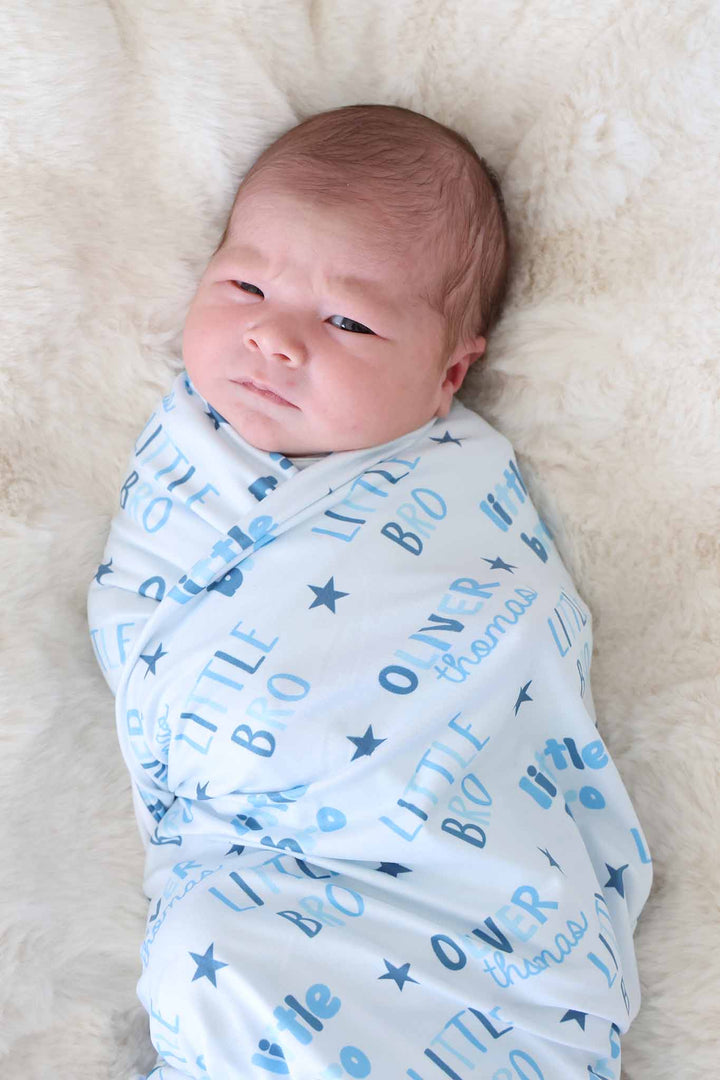 little bro blue personalized swaddle blanket 