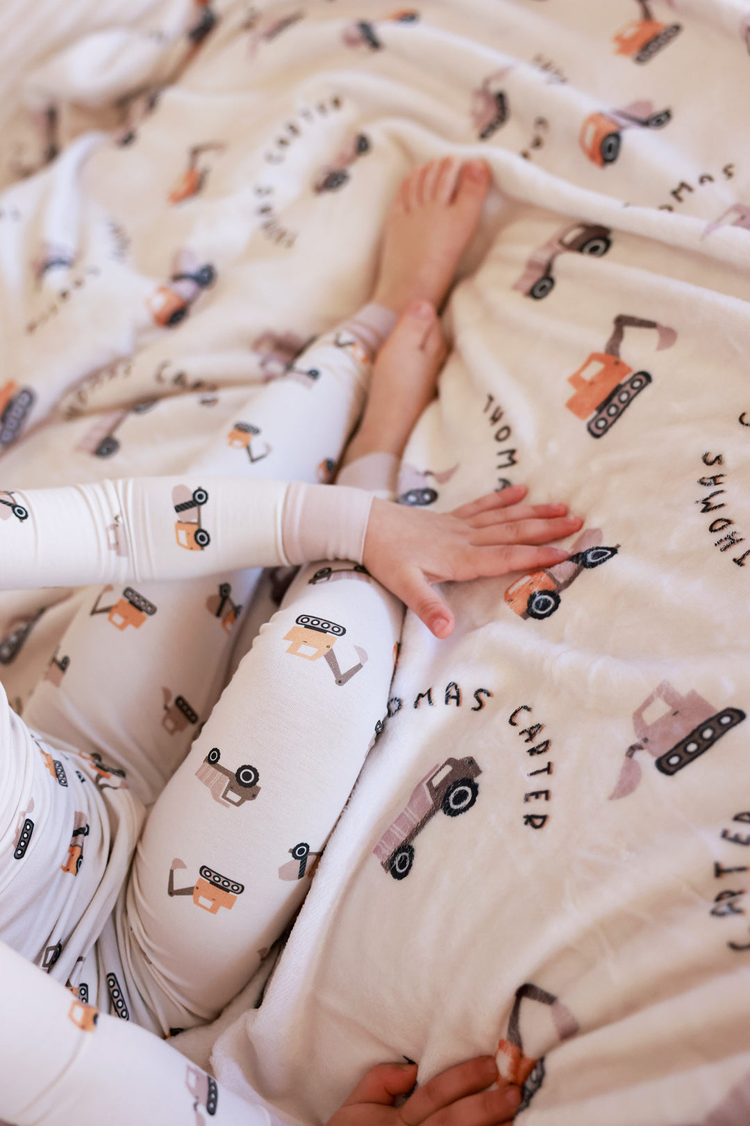 closeup of little builder personalized minky blanket 