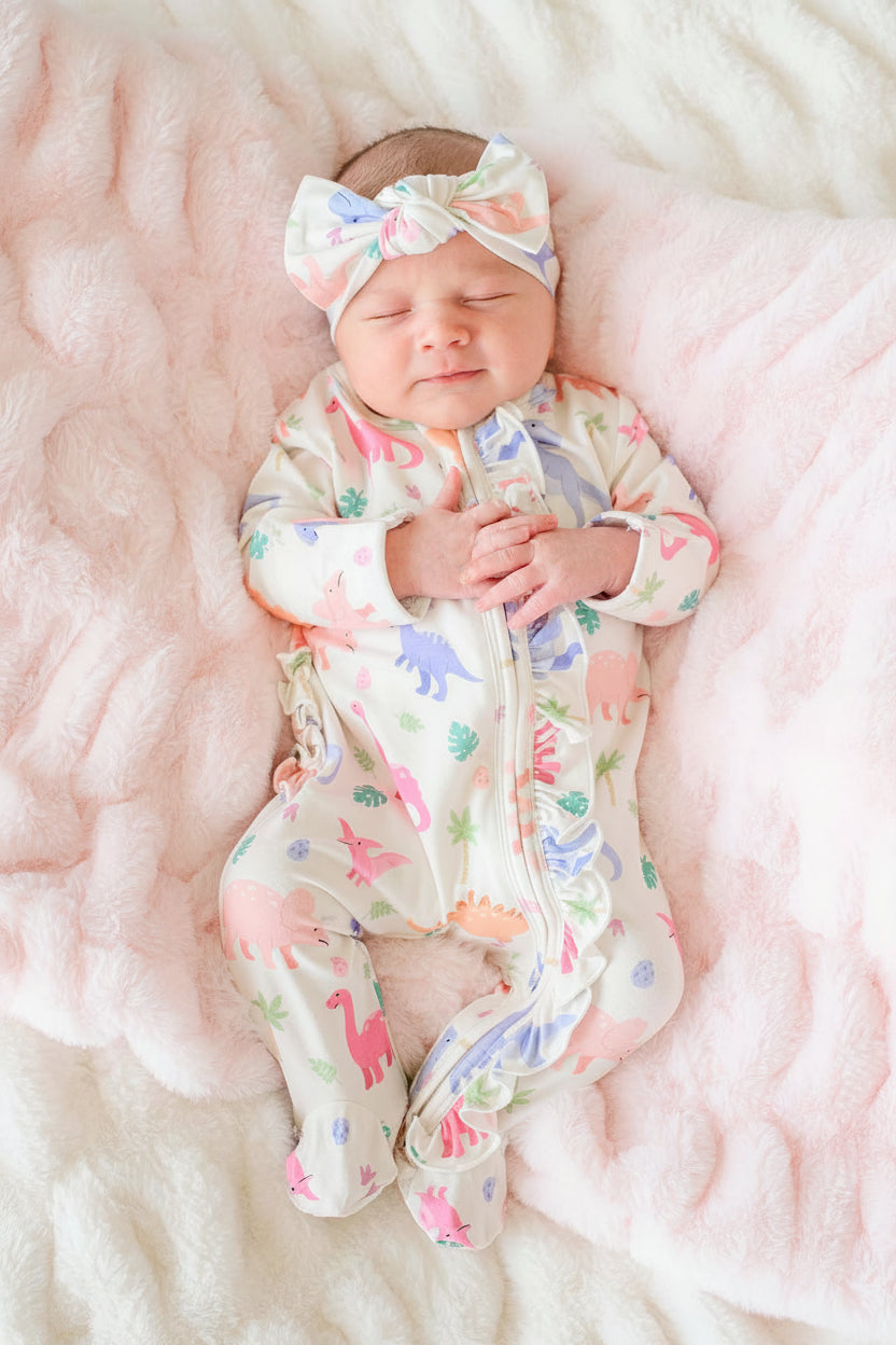little fossil ruffle zipper footie and matching headwrap