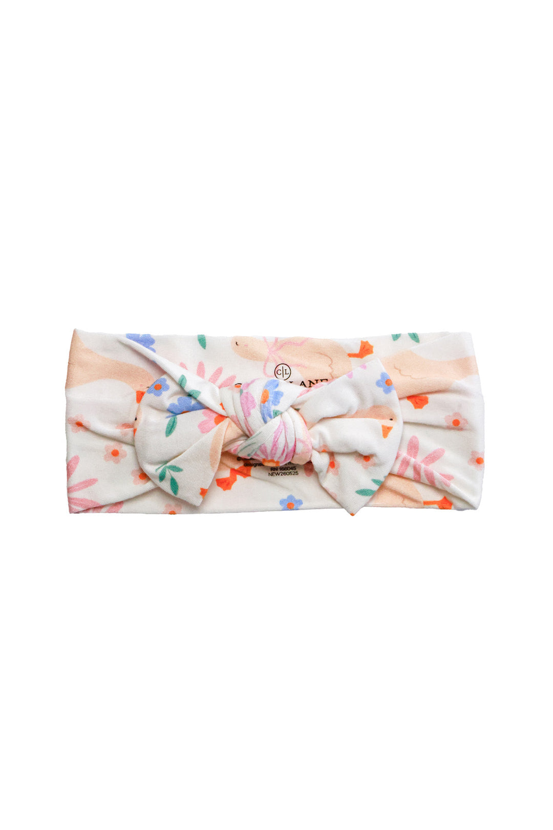 Lucy Goosy Knit Large Bow Headwrap in the floral print featuring flowers and ducks on a cream background, shown flat on a white background