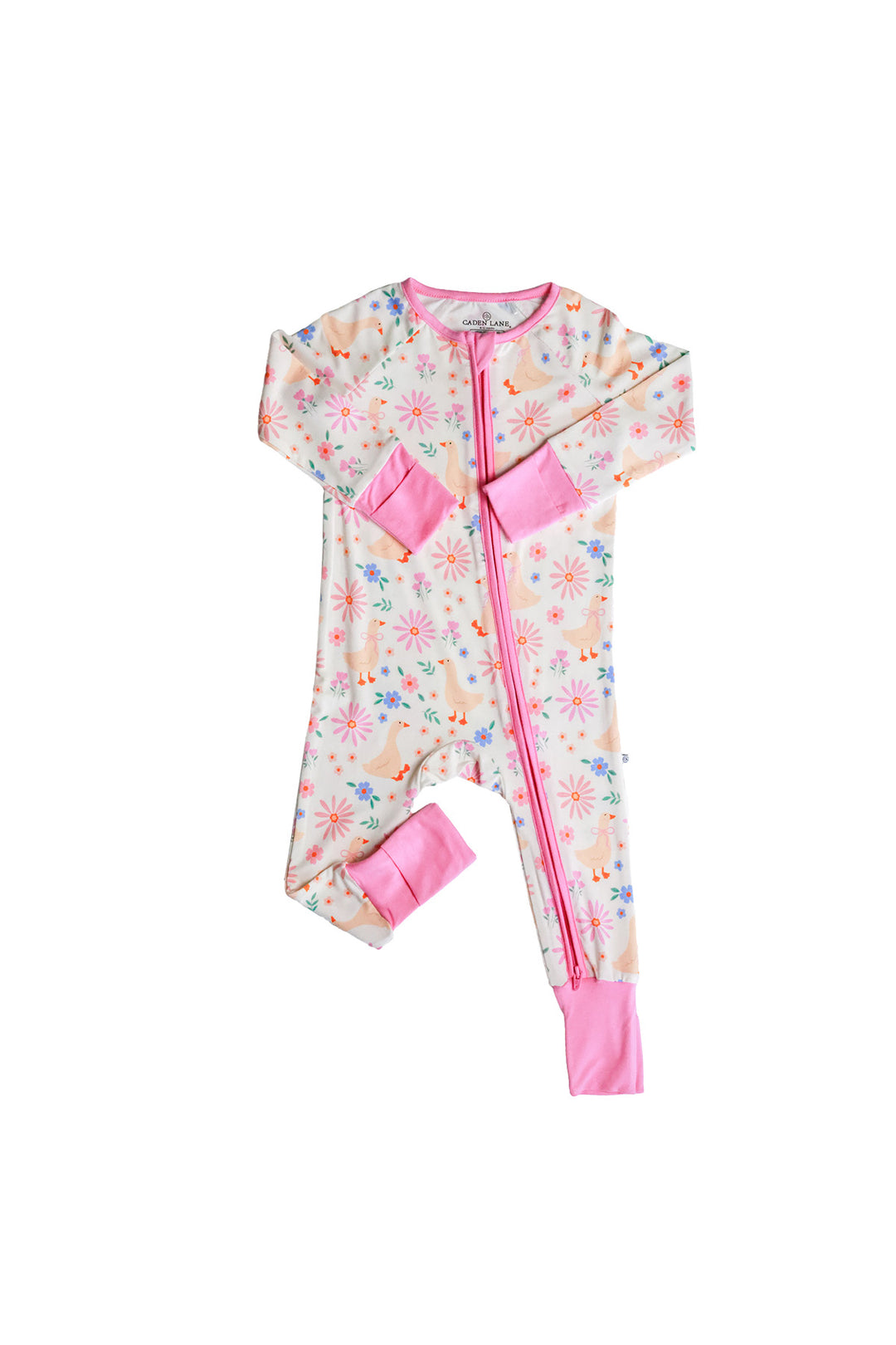 Lucy Goosy Convertible Zip Romper in the floral print with pink zipper and convertible foot cuffs, shown as flat lay product shot on a white background