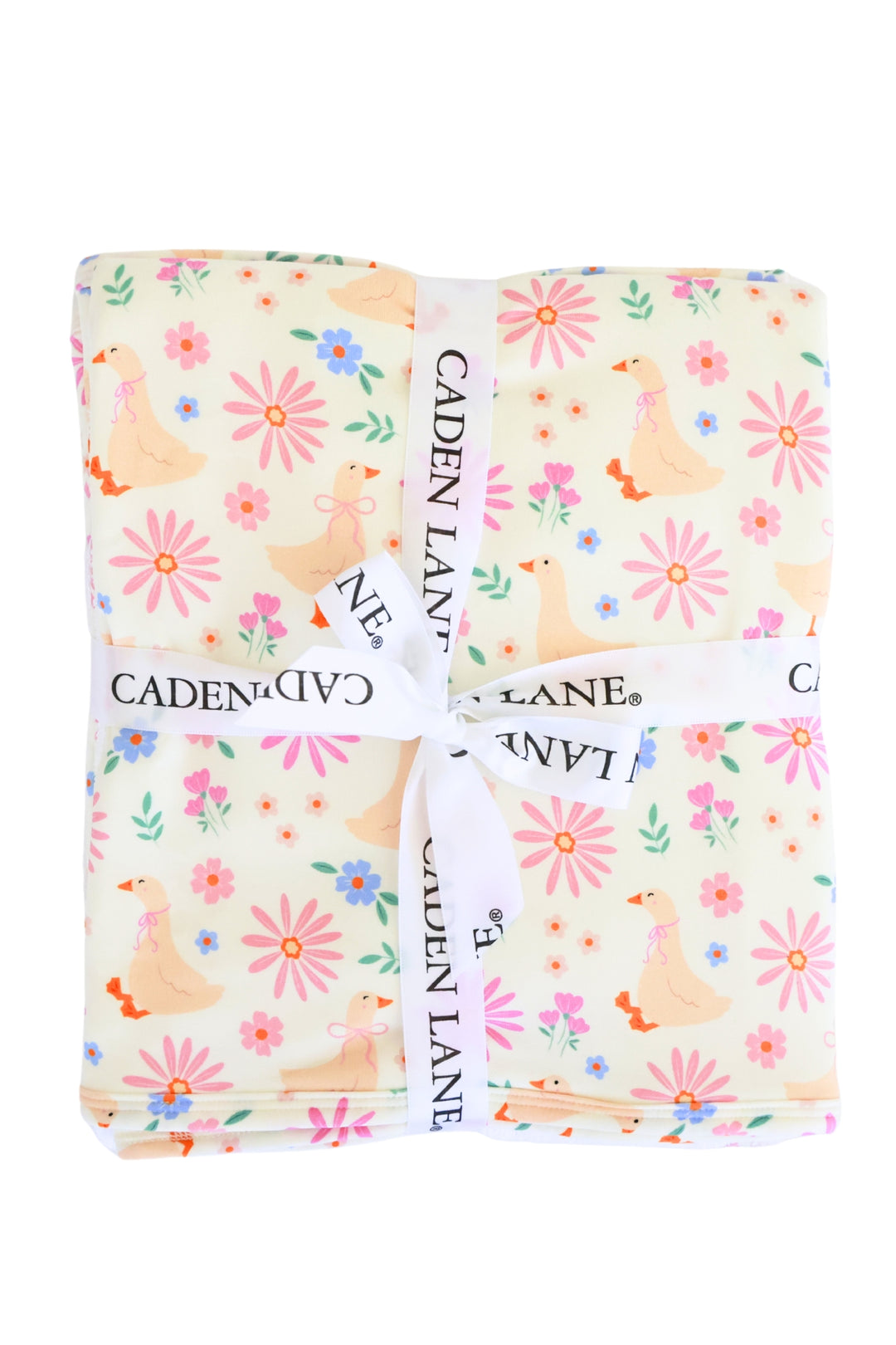 Lucy Goosy Embroidered Bamboo Hooded Towel folded and tied with a Caden Lane ribbon, showing the full duck and floral print pattern on a white background