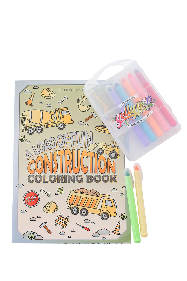 Caden Lane Load of Fun Construction coloring book with green and yellow gel pens and a pack of 7 Gellypop gel crayons.
