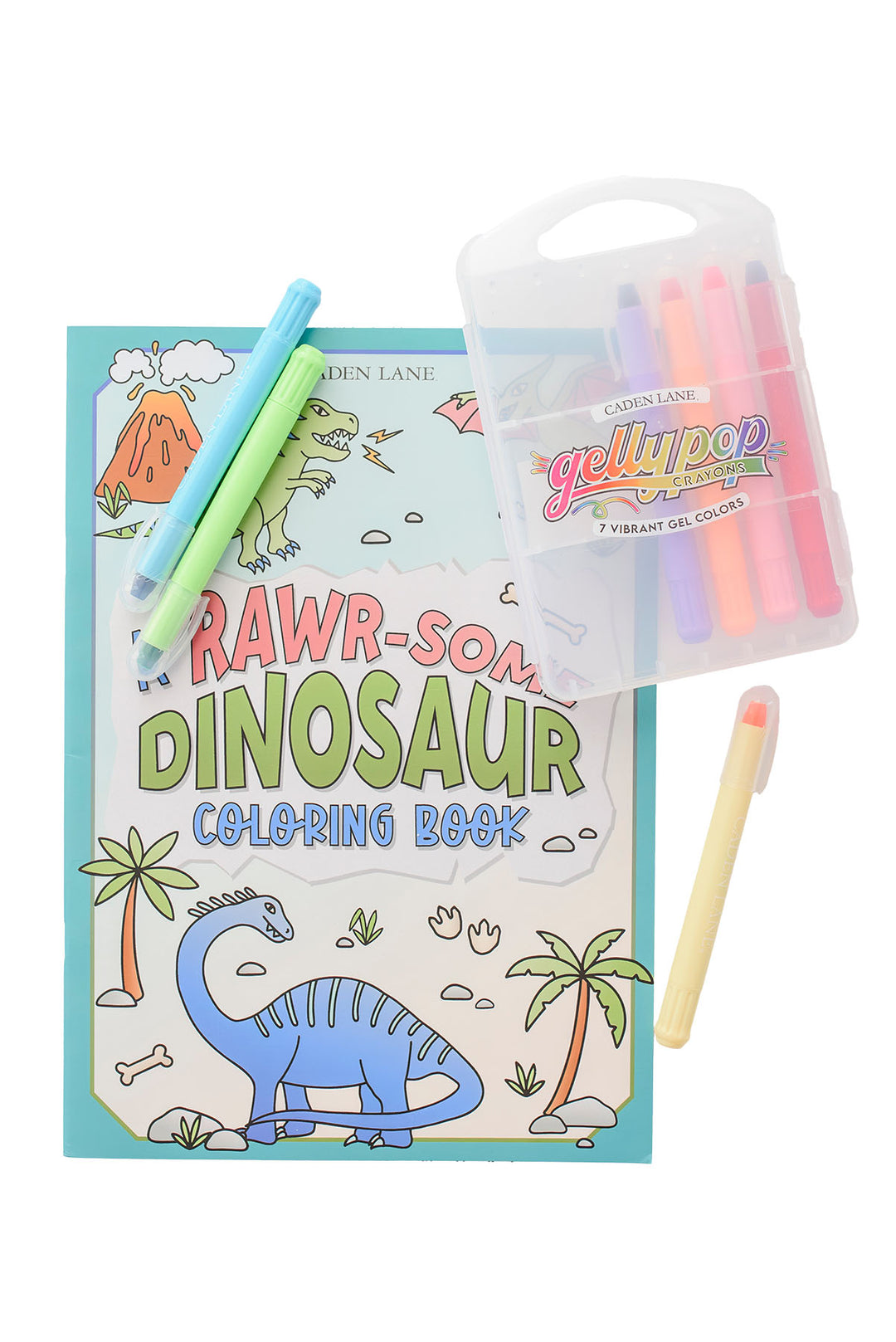 Caden Lane Rawr-Some Dinosaur coloring book with teal and green gel pens and a pack of 7 Gellypop gel crayons.