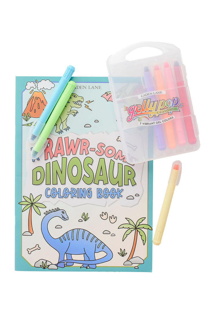 Caden Lane Rawr-Some Dinosaur coloring book with teal and green gel pens and a pack of 7 Gellypop gel crayons.