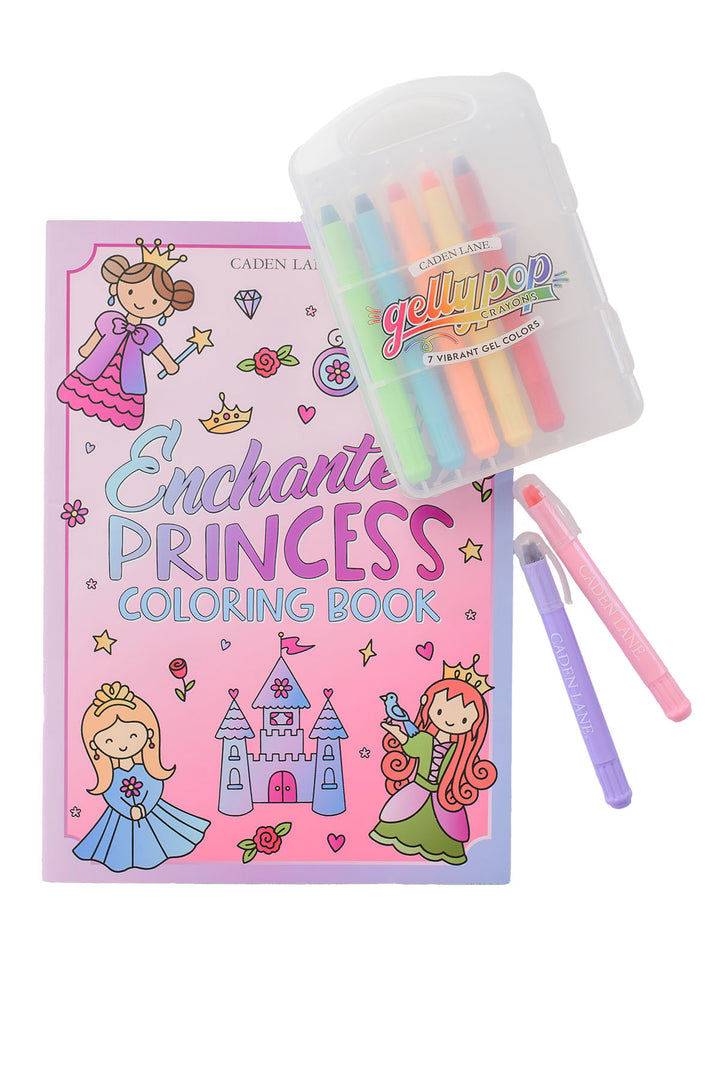 Caden Lane Enchanted Princess coloring book with pink and purple gel pens and a pack of 7 Gellypop gel crayons.